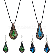 FIBLOOM 2 Sets 2 Colors Teardrop with Flower Glass Dangle Earrings & Pendant Necklace, Iron Jewelry Set for Women, Mixed Color, 20.55 inch(52.2cm), 57.5x17mm, 1 Set/color(SJEW-FI0001-14)