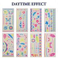 8 Sheets 8 Style Creative Fluorescent Arm Removable Temporary Tattoos Paper Stickers, Waterproof Feather Arm Tattoo Stickers, Rectangle, Mixed Patterns, 21x10.5x0.03cm, 1 sheet/style(STIC-TA0002-02)