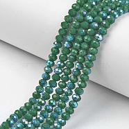 Electroplate Opaque Solid Color Glass Beads Strands, Half Rainbow Plated, Faceted, Rondelle, Green, 4x3mm, Hole: 0.4mm, about 113~115pcs/strand, 41~42cm(EGLA-A034-P4mm-L05)