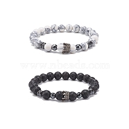 2Pcs 2 Style Natural Lava Rock & Synthetic Howlite & Hematite Stretch Bracelets Set with Alloy Crown, Essential Oil Gemstone Jewelry for Women, Inner Diameter: 2-1/8 inch(5.5cm), 1Pc/style(BJEW-JB08482)