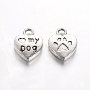 Tibetan Style Charms Pendants, Lead Free & Nickel Free, Heart with word Love My Dog, Antique Silver, 13x10x3mm, Hole: 2mm(X-TIBEP-A123278-AS-FF)