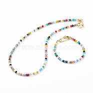 Brass Micro Pave Clear Cubic Zirconia Pendant Necklaces & Bracelets Jewelry Sets, with Rondelle Glass Beads, Safety Pin Shape, Golden, Colorful, 18.31 inch(46.5cm), 7-5/8 inch(19.4cm), 2pcs/set(SJEW-JS01189)