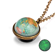 Luminous Glass Planet Pendant Necklace with Antique Golden Alloy Chains, Turquoise, 19.69 inch(50cm)(PW-WG67491-12)