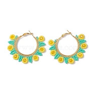 Glass Seed Beads Sunflower Hoop Earrings, with Iron Huggie Hoop Earring Findings, Golden, Yellow, 42x4mm(EJEW-MZ00220)