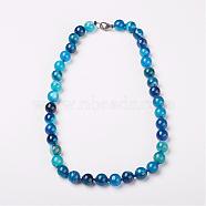 Natural Dyed Agate Beads Necklaces, with Brass Lobster Claw Clasps, Round, Blue, Beads: 6mm, 18.9 inch(48cm)(NJEW-F139-6mm-14)