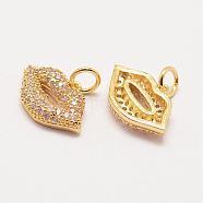 Brass Micro Pave Grade AAA Cubic Zirconia Charms, Long-Lasting Plated, Lip, Cadmium Free & Nickel Free & Lead Free, Real 18K Gold Plated, 10x15x3mm, Hole: 3mm(ZIRC-G090-43G-NR)