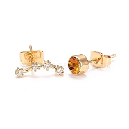 Brass Micro Pave Cubic Zirconia Stud Earrings, Asymmetrical Earrings, with 925 Sterling Silver Pins and Ear Nuts, Flat Round & Constellation/Zodiac Sign, Golden, Yellow, Aries, 13x4mm and 5mm, Pin: 0.8mm(EJEW-I253-01C)