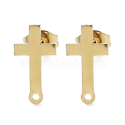 Cross Ion Plating(IP) 304 Stainless Steel Stud Earring Findings, with Loop, Golden, 14x7mm, Hole: 1.2mm, Pin: 0.8x11mm(STAS-I206-128G)