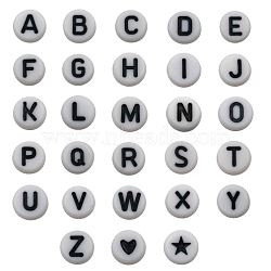 Opaque Acrylic Beads, White, Flat Round with Alphabet, Letter A~Z, Black, 7mm(JX231B)
