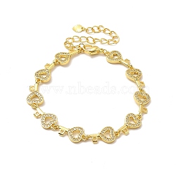 Clear Cubic Zirconia Hollow Heart Key Link Chain Bracelet, Rack Plating Brass Jewelry for Women, Lead Free & Cadmium Free, Long-Lasting Plated, Real 18K Gold Plated, 7-1/4 inch(18.5cm)(BJEW-A132-14G)