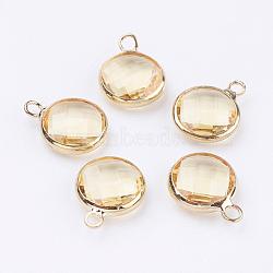 Golden Tone Brass Glass Flat Round Charms, Faceted, Champagne Yellow, 12x8.5x3mm, Hole: 1.5mm(GLAA-M003-A-14G)