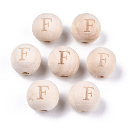 Unfinished Natural Wood European Beads, Large Hole Beads, Laser Engraved Pattern, Round with Word, Letter.F, 15~16x14~15mm, Hole: 4mm(WOOD-S045-143A-01F)