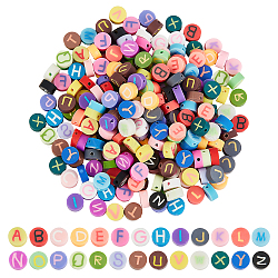 AHADERMAKER 260Pcs 10 Style Handmade Polymer Clay Beads, Flat Round with Alphabet, Mixed Color, 9x3.5~5mm, Hole: 1.6mm, 10pcs/style(CLAY-GA0001-03)