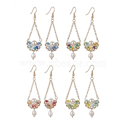 4 Pair 4 Color Natural Pearl & Glass Teardrop with Flower Dangle Earrings, Golden Brass Jewelry for Women, Mixed Color, 74mm, Pin: 0.5mm, 1 Pair/color(EJEW-TA00222)