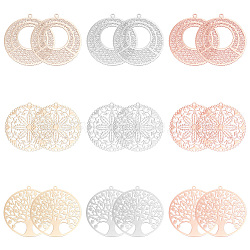 BENECREAT 36Pcs 9 Style Rack Plating Brass Filigree Pendants, Long-Lasting Plated, Flat Round with Tree of Life & Flower, Nickel Free, Mixed Color, 31.5~33x30~30.5x0.4mm, Hole: 1.2~1.4mm, 4pcs/style(KKC-BC0001-02)