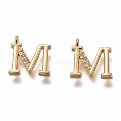 Brass Micro Pave Clear Cubic Zirconia Charms, Cadmium Free & Lead Free, Long-Lasting Plated, Alphabet, Letter.M, 11x11x3mm, Hole: 1.4mm(ZIRC-B002-39G-M)