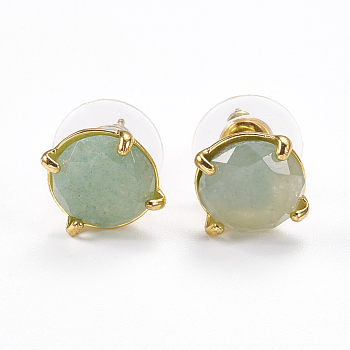 Natural Green Aventurine Stud Earrings, with Golden Tone Brass Findings, Faceted Flat Round, 11mm, Pin: 0.8mm