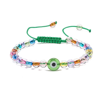 Acrylic Evil Eye & Round Lampwork Braided Bead Bracelet for Women, Lime Green, Inner Diameter: 2~3-3/4 inch(5.2~9.5cm)