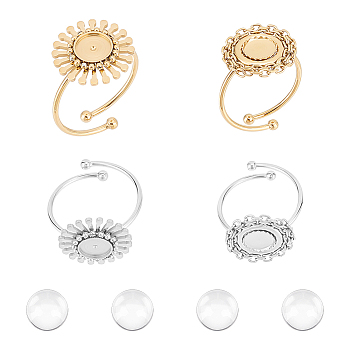 DIY Blank Dome Ring Making Kit, Including 304 Stainless Steel Flower Open Cuff Finger Ring Cabochon Settings, Glass Cabochons, Golden & Stainless Steel Color, 4Pcs/box