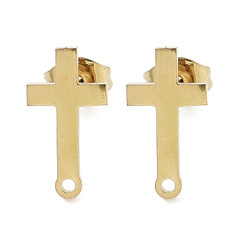 Cross Ion Plating(IP) 304 Stainless Steel Stud Earring Findings, with Loop, Golden, 14x7mm, Hole: 1.2mm, Pin: 0.8x11mm