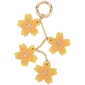 1Pc PU Leather Flower Pendant Decorations, with Alloy Rings, Gold, 170mm