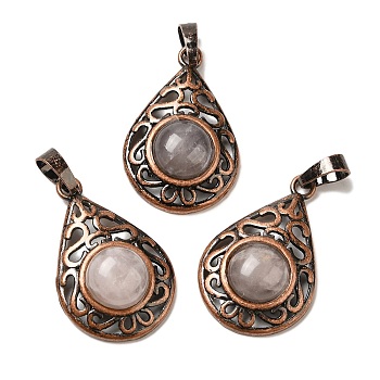 Natural Rose Quartz Pendants, Brass Teardrop Charms, Red Copper, Lead Free & Cadmium Free, 30x19.5x7.5mm, Hole: 5x8mm