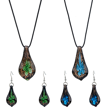 FIBLOOM 2 Sets 2 Colors Teardrop with Flower Glass Dangle Earrings & Pendant Necklace, Iron Jewelry Set for Women, Mixed Color, 20.55 inch(52.2cm), 57.5x17mm, 1 Set/color