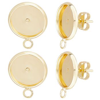8 Pairs Brass Stud Earring Settings, Flat Round with Horizontal Loops, with 20Pcs Plastic Ear Nuts, Real 24K Gold Plated, 17x14x2mm, Tray: 12mm