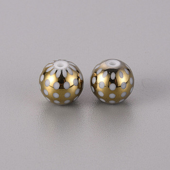Electroplate Glass Beads, Round with Dots Pattern, Golden Plated, 10mm, Hole: 1.2mm