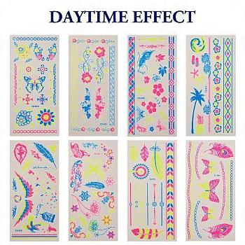 8 Sheets 8 Style Creative Fluorescent Arm Removable Temporary Tattoos Paper Stickers, Waterproof Feather Arm Tattoo Stickers, Rectangle, Mixed Patterns, 21x10.5x0.03cm, 1 sheet/style