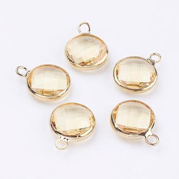Golden Tone Brass Glass Flat Round Charms, Faceted, Champagne Yellow, 12x8.5x3mm, Hole: 1.5mm