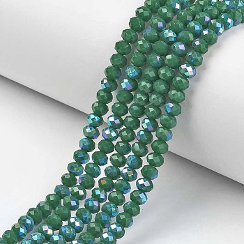 Electroplate Opaque Solid Color Glass Beads Strands, Half Rainbow Plated, Faceted, Rondelle, Green, 4x3mm, Hole: 0.4mm, about 113~115pcs/strand, 41~42cm