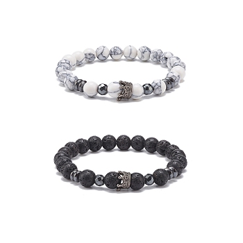 2Pcs 2 Style Natural Lava Rock & Synthetic Howlite & Hematite Stretch Bracelets Set with Alloy Crown, Essential Oil Gemstone Jewelry for Women, Inner Diameter: 2-1/8 inch(5.5cm), 1Pc/style