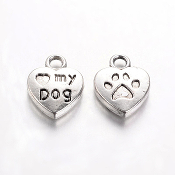 Tibetan Style Charms Pendants, Lead Free & Nickel Free, Heart with word Love My Dog, Antique Silver, 13x10x3mm, Hole: 2mm
