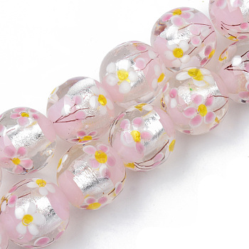 Handmade Silver Foil Glass Lampwork Beads Strands, Inner Flower, Round, Pink, 19~20x19mm, Hole: 1.5mm, about 20pcs/strand, 14.57 inch(37cm)