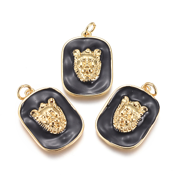 Brass Enamel Pendants, Cadmium Free & Lead Free, with Brass Jump Rings, Rounded Square, Black, 23x16x4mm, Jump Rings: 3mm Inner Diameter.