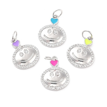 Brass Micro Pave Clear Cubic Zirconia Pendants, with Enamel, Cadmium Free & Lead Free, Flat Round with Smiling Face, Platinum, 19x15x3mm