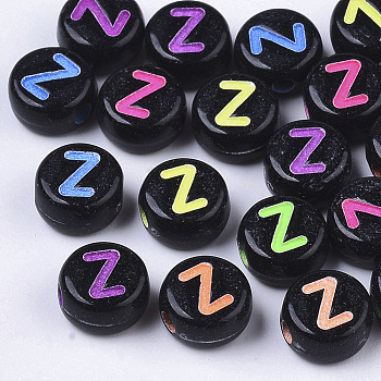 Opaque Black Acrylic Beads, Horizontal Hole, Flat Round with Mixed Color Letter, Letter.Z, 7x4mm, Hole: 1.6mm, about 3600pcs/500g