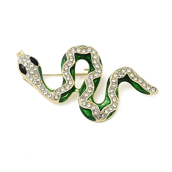 Alloy Enamel Brooches, with Rhinestone Beads, Snake, Green, 23x49mm