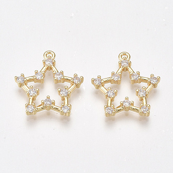Brass Cubic Zirconia Pendants, Nickel Free, Real 18K Gold Plated, Star, Clear, 18x16.5x2.5mm, Hole: 1mm