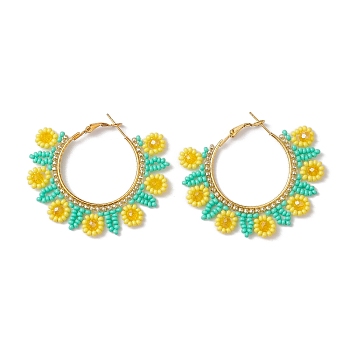 Glass Seed Beads Sunflower Hoop Earrings, with Iron Huggie Hoop Earring Findings, Golden, Yellow, 42x4mm