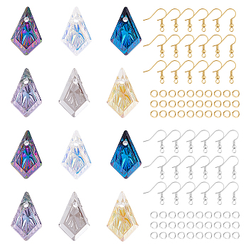 PandaHall Elite DIY Dangle Earring Making Kits, 12Pcs 6 Colors Kite Embossed Glass Rhinestone Pendants, Brass Earring Hooks & Jump Rings, Mixed Color, 112pcs/box