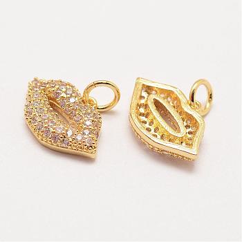Brass Micro Pave Grade AAA Cubic Zirconia Charms, Long-Lasting Plated, Lip, Cadmium Free & Nickel Free & Lead Free, Real 18K Gold Plated, 10x15x3mm, Hole: 3mm