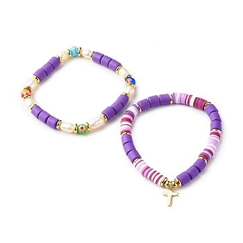 Handmade Polymer Clay Stretch Bracelets Sets, with Millefiori Glass Beads and Pearl Beads, Brass Beads and Cross Charm, Blue Violet, Inner Diameter: 2-1/8 inch(5.5cm), 2pcs/set