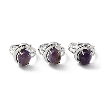 Natural Amethyst Oval with Dolphin Adjustable Ring, Platinum Brass Jewelry, Cadmium Free & Lead Free, Inner Diameter: 18mm