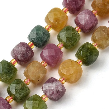 Synthetic Tourmaline Beads Strands, with Seed Beads, Faceted Cube, 8~9x8~9x8~9mm, Hole: 0.9~1mm, about 35~39pcs/strand, 14.80''~15.16''(37.6~38.5cm)