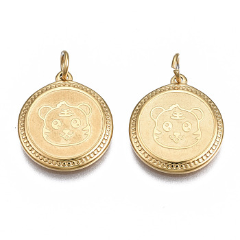 Ion Plating(IP) 304 Stainless Steel Pendants, with Jump Rings, Flat Round with Tiger, Real 14K Gold Plated, 17.5x15.5x2mm, Jump Ring: 5x1mm, 3mm inner diameter