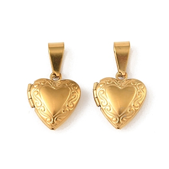 Sculptured 316 Stainless Steel Locket Pendants, Heart Charm, with 304 Stainless Steel Snap on Bails, Long-Lasting Plated, Ion Plating(IP), Real 20K Gold Plated, 15.5x13.5x4.5mm, Hole: 8.5x3.5mm