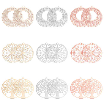 BENECREAT 36Pcs 9 Style Rack Plating Brass Filigree Pendants, Long-Lasting Plated, Flat Round with Tree of Life & Flower, Nickel Free, Mixed Color, 31.5~33x30~30.5x0.4mm, Hole: 1.2~1.4mm, 4pcs/style