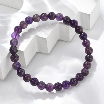 Natural Amethyst Beaded Stretch Bracelets, Round, Beads: 6~6.5mm, Inner Diameter: 2-1/4 inch(5.55cm)